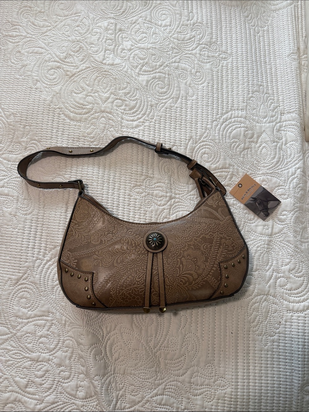 Rein and Bridle Embossed Taupe Shoulder Bag with Concho Accent western purse